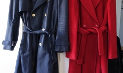 red woollen overcoat and blue YSL trench coat