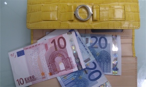 yellow Oroton wallet with Euros
