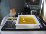 Etihad Business Class on board dining pumpkin soup