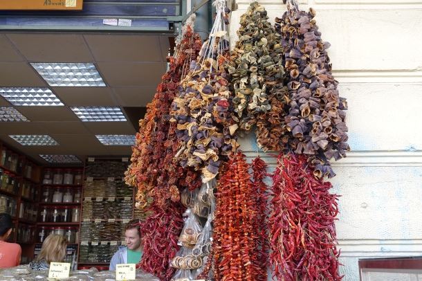 bundles of dried vegetables in a Greek market