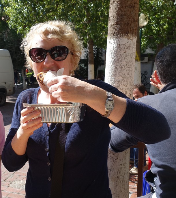 Jo Karnaghan eating a souvlaki in Athens