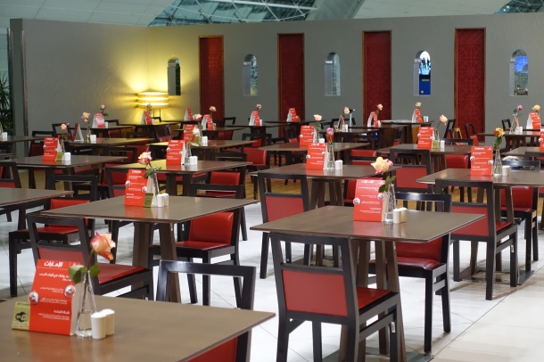 cafeteria tables and chairs, Emirates Business Class lounge