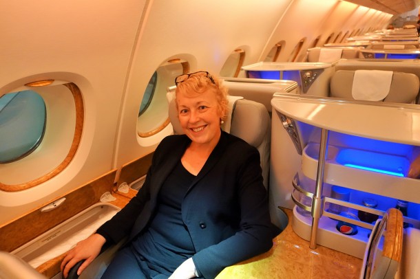 Jo Karnaghan sitting in Emirates A380 Business Class seat