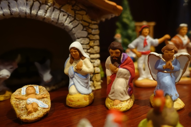 santons of Jesus in manger, Mary, Joseph and the Angel