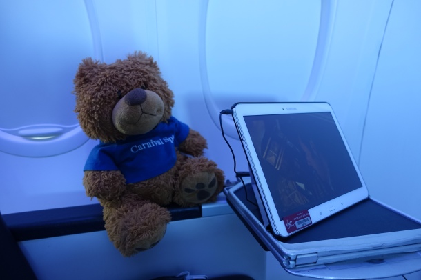 teddy bear and Samsung tablet on Virgin Australia Business Class